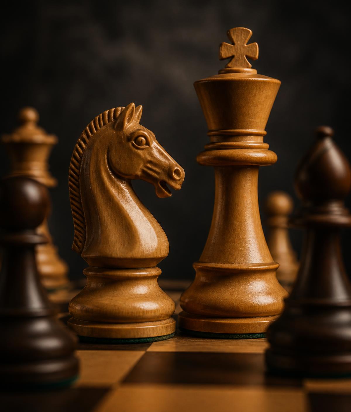 Close-up of a wooden knight and king chess piece on a board