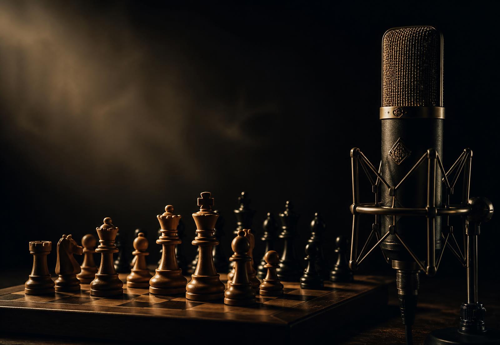 A wooden chess board lit from the side beside a vintage studio microphone
