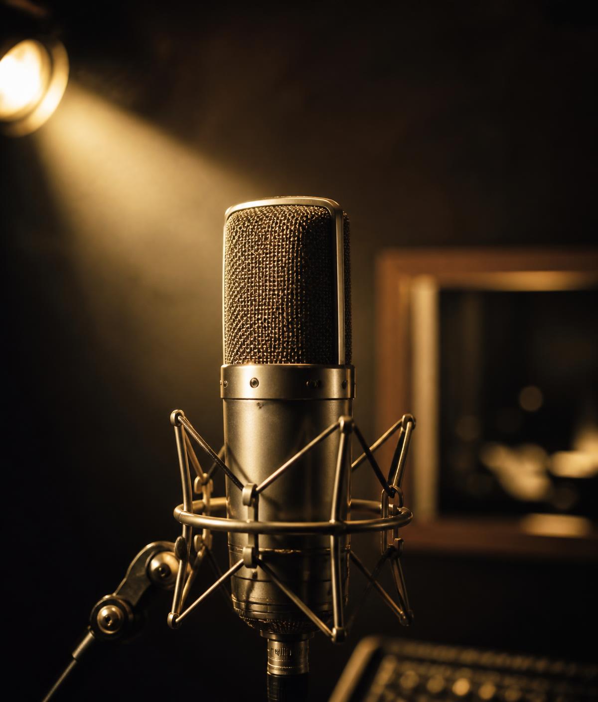 A vintage condenser microphone under a warm spotlight in a dim studio